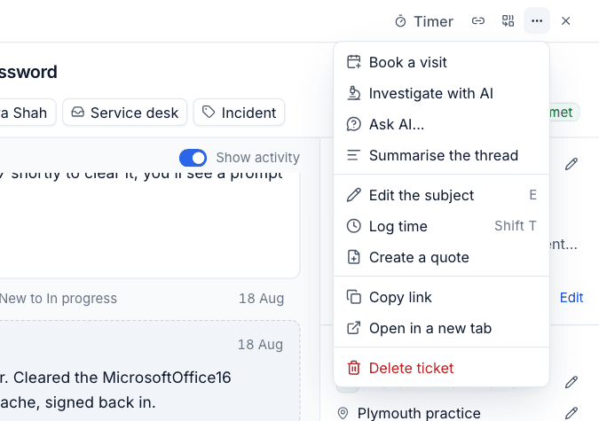 The More actions menu on a ticket