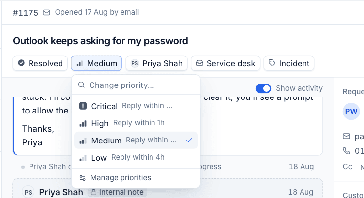 The priority picker with each priority's response target