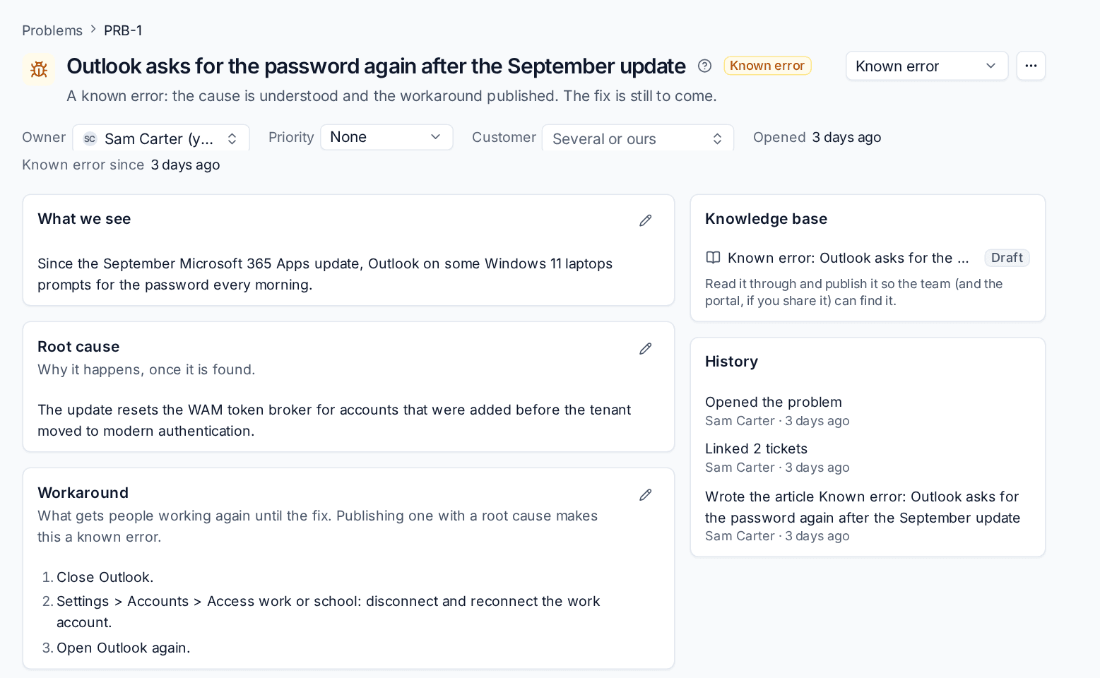 A problem marked as a known error, with its root cause, workaround and linked tickets