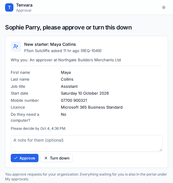 The approval page a customer's approver sees from the email