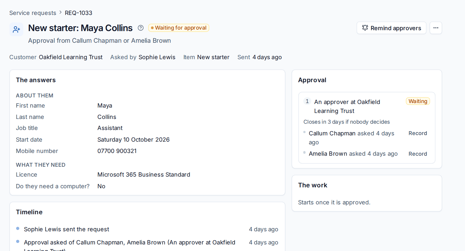 A new starter request waiting for one of two approvers