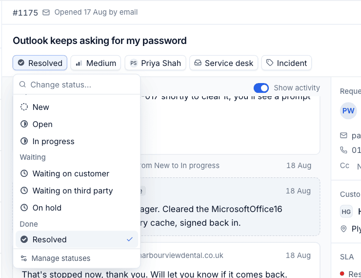 Changing the status of a ticket