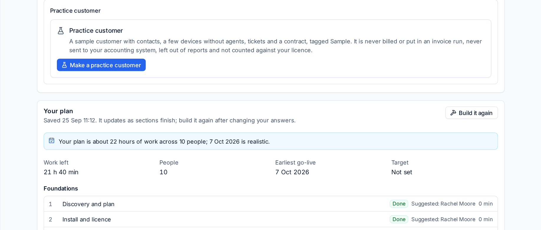 The practice customer card and Your plan with work left, people, earliest go-live and target
