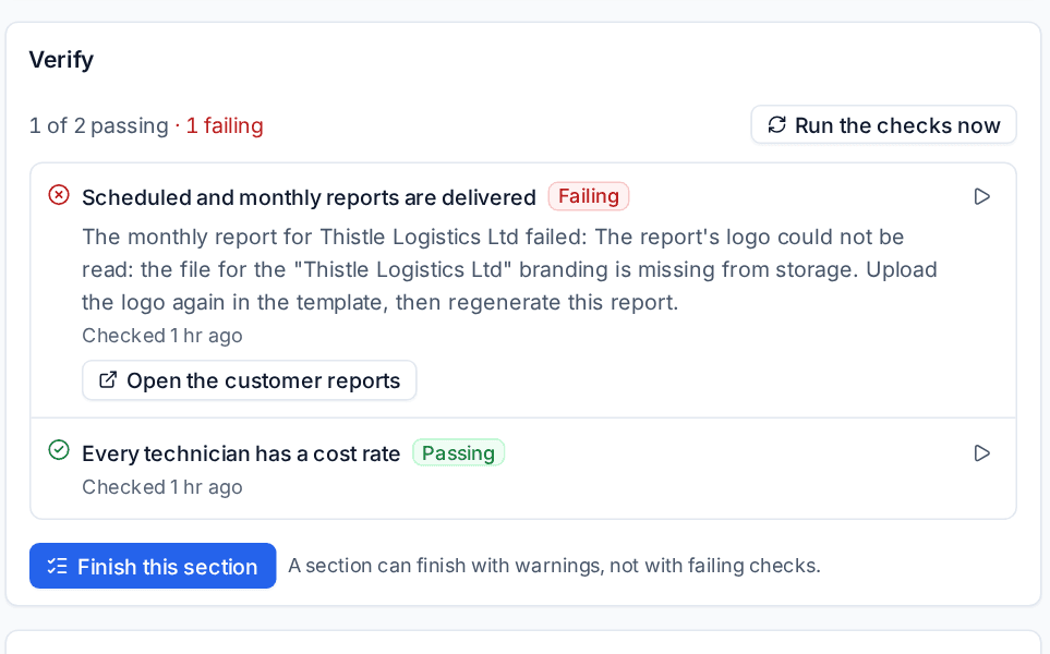Verify with one failing check, its explanation and a link to fix it