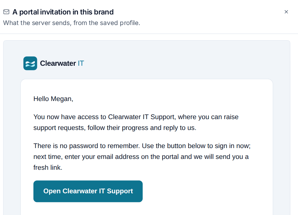 A portal invitation email sent in a customer's brand