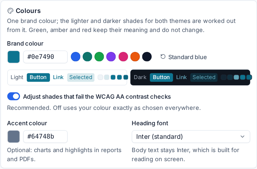 The Colours card with a brand colour, its light and dark shades and the contrast setting