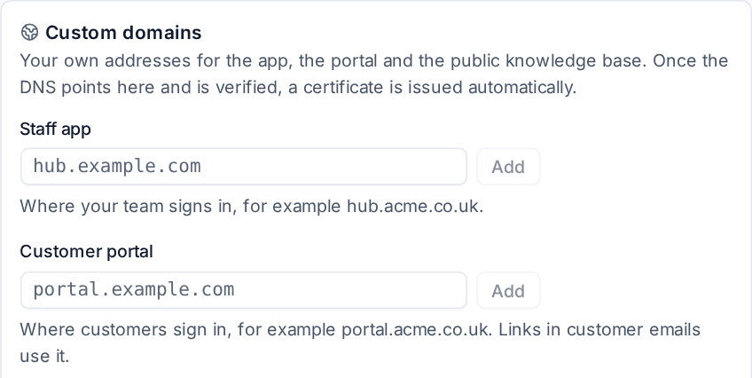 The Custom domains card with addresses for the staff app and the customer portal