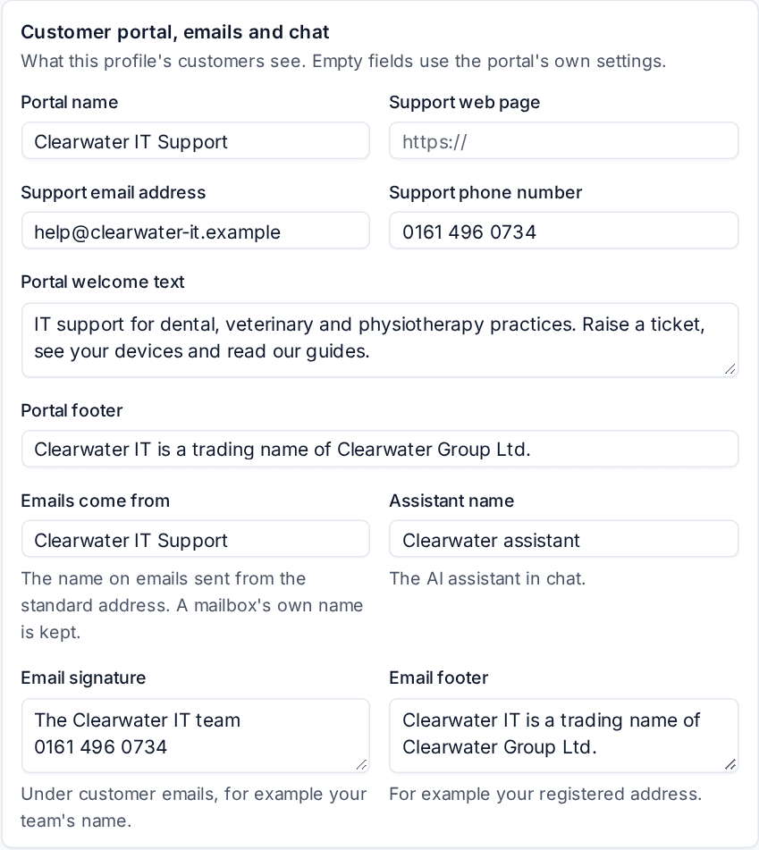 The Customer portal, emails and chat card filled in for a healthcare brand