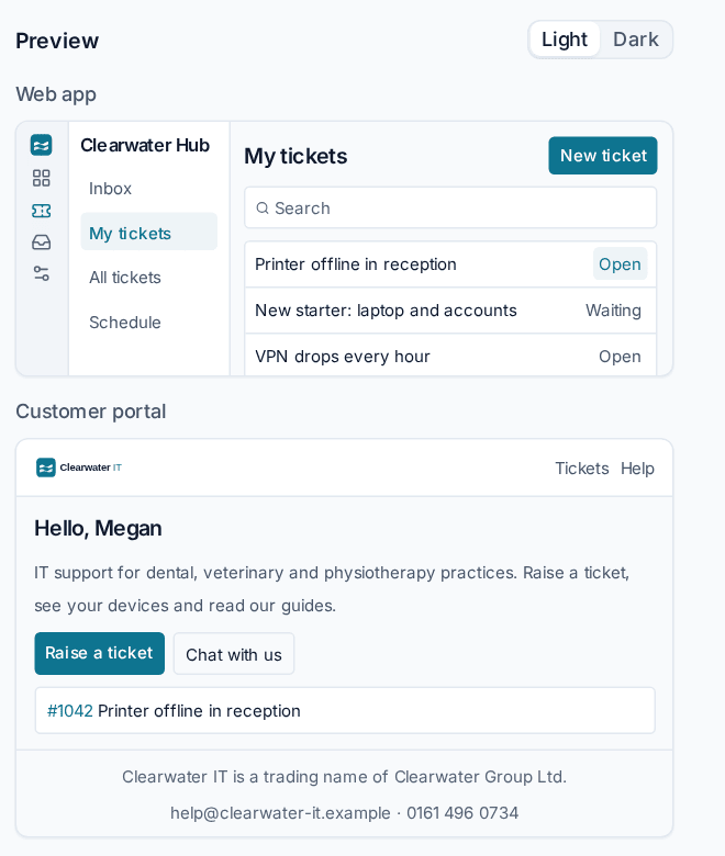 The preview in Settings > Branding showing the web app and the customer portal in a healthcare brand